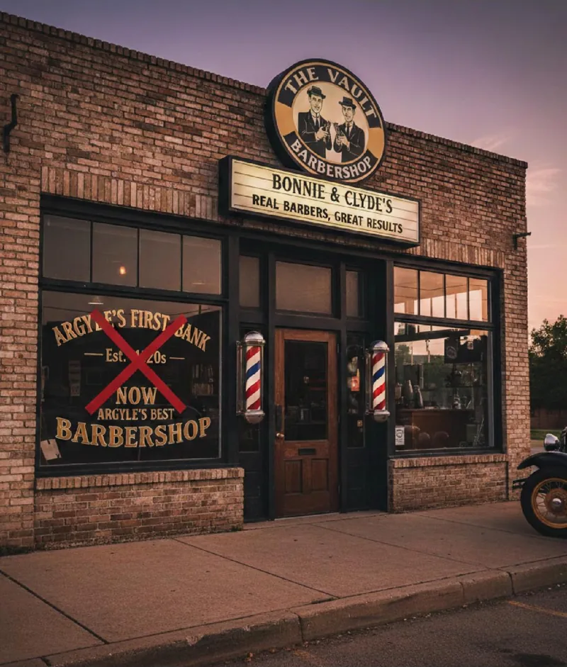 The historic old bank building on US-377, Argyle TX · home of The Vault Barber Co.